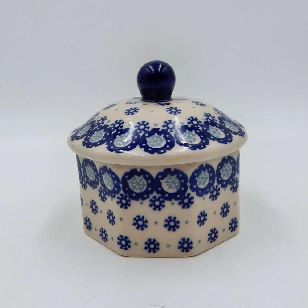 Polish Pottery Snowflake Lidded Jar Trinket Box Sugar Bowl Octagon Blue Grey 4"